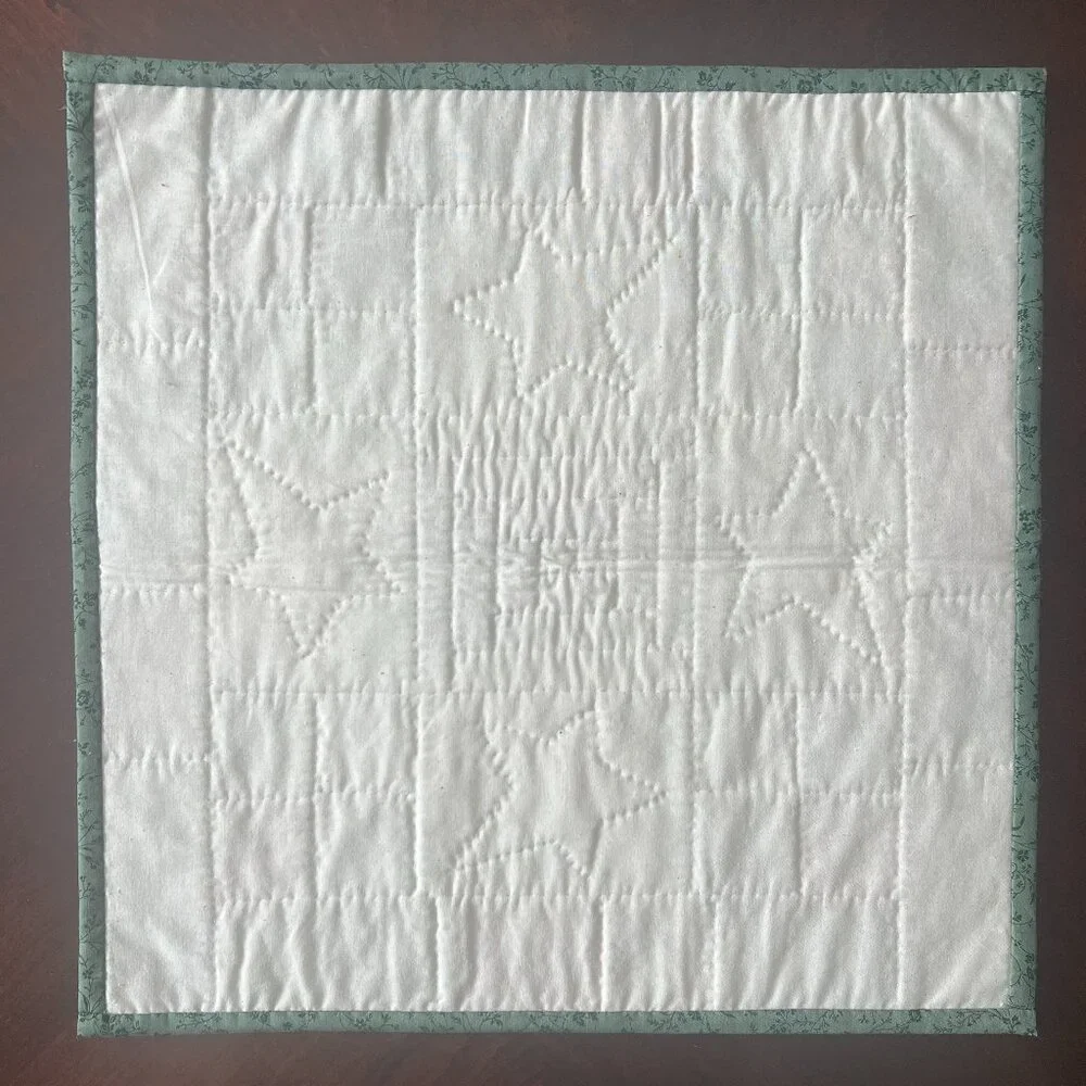 Handcrafted Hand Stitched Log Cabin Patchwork & Quilted White Stars Table Topper